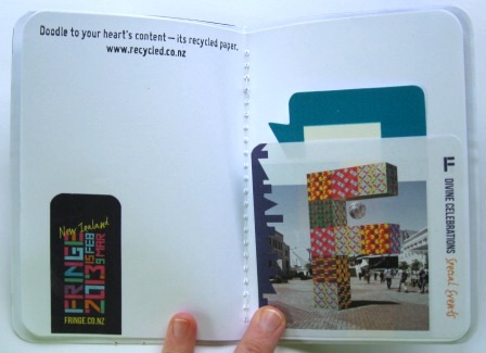 Complimentary notebook sample made from a Fringe Festival brochure
